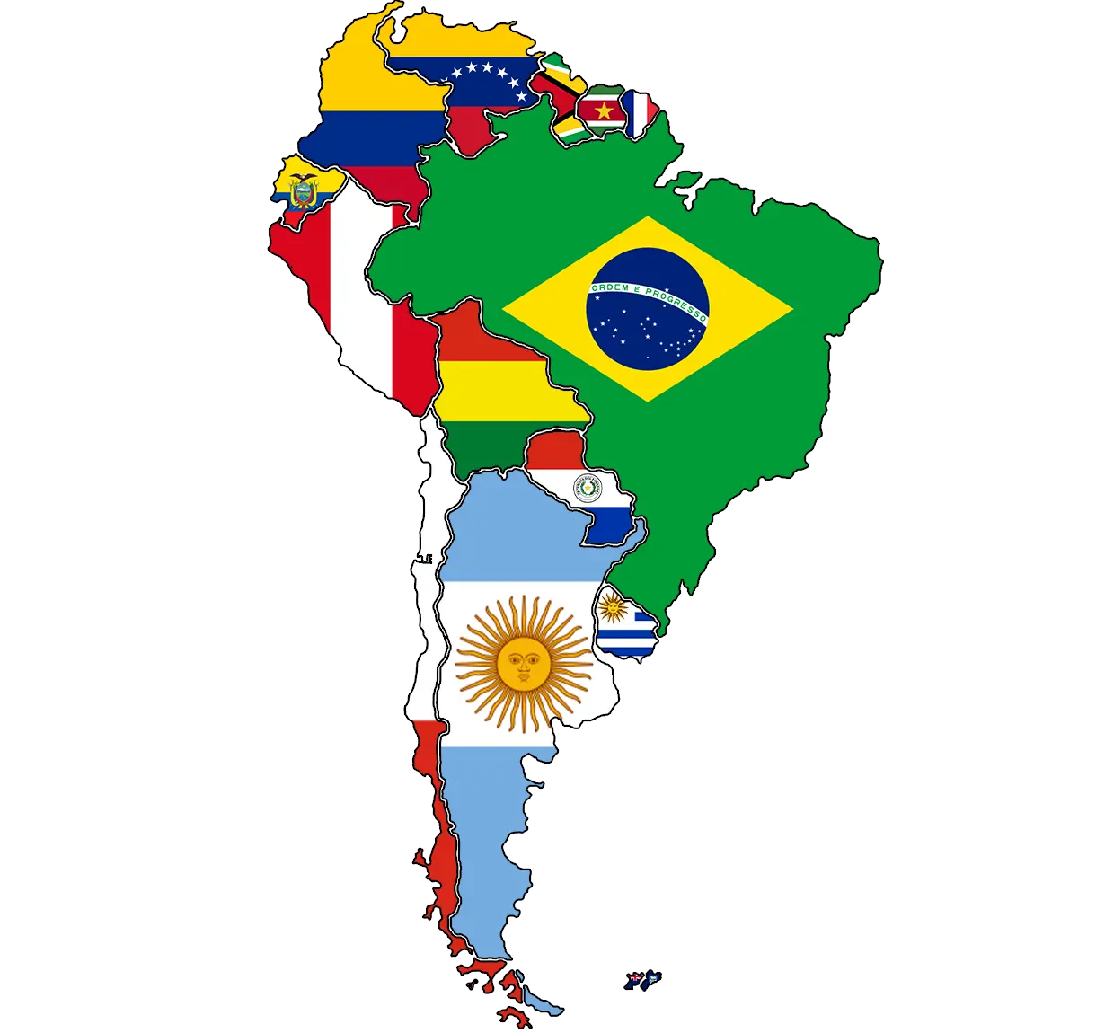 Flags of South America on the world map