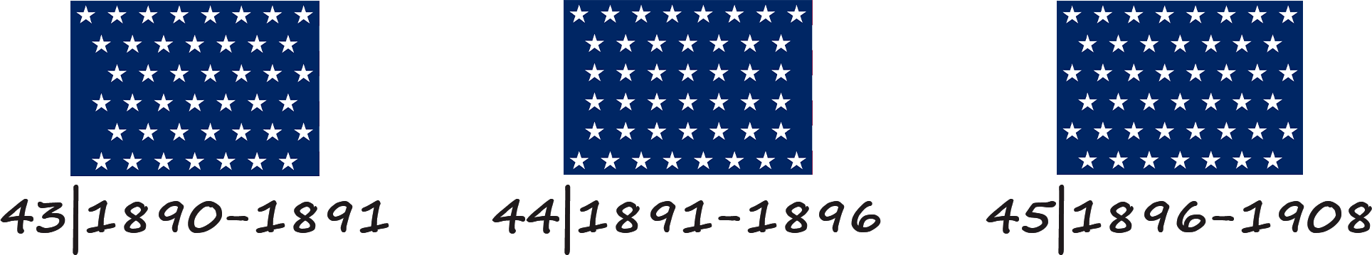 Flag of the United States of America with 43, 44 and 45 stars