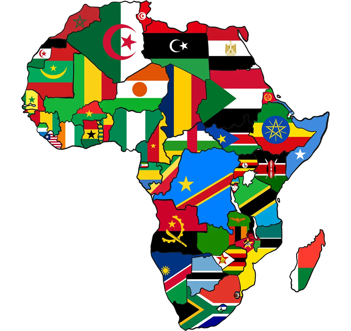 Flags of Africa on the world map