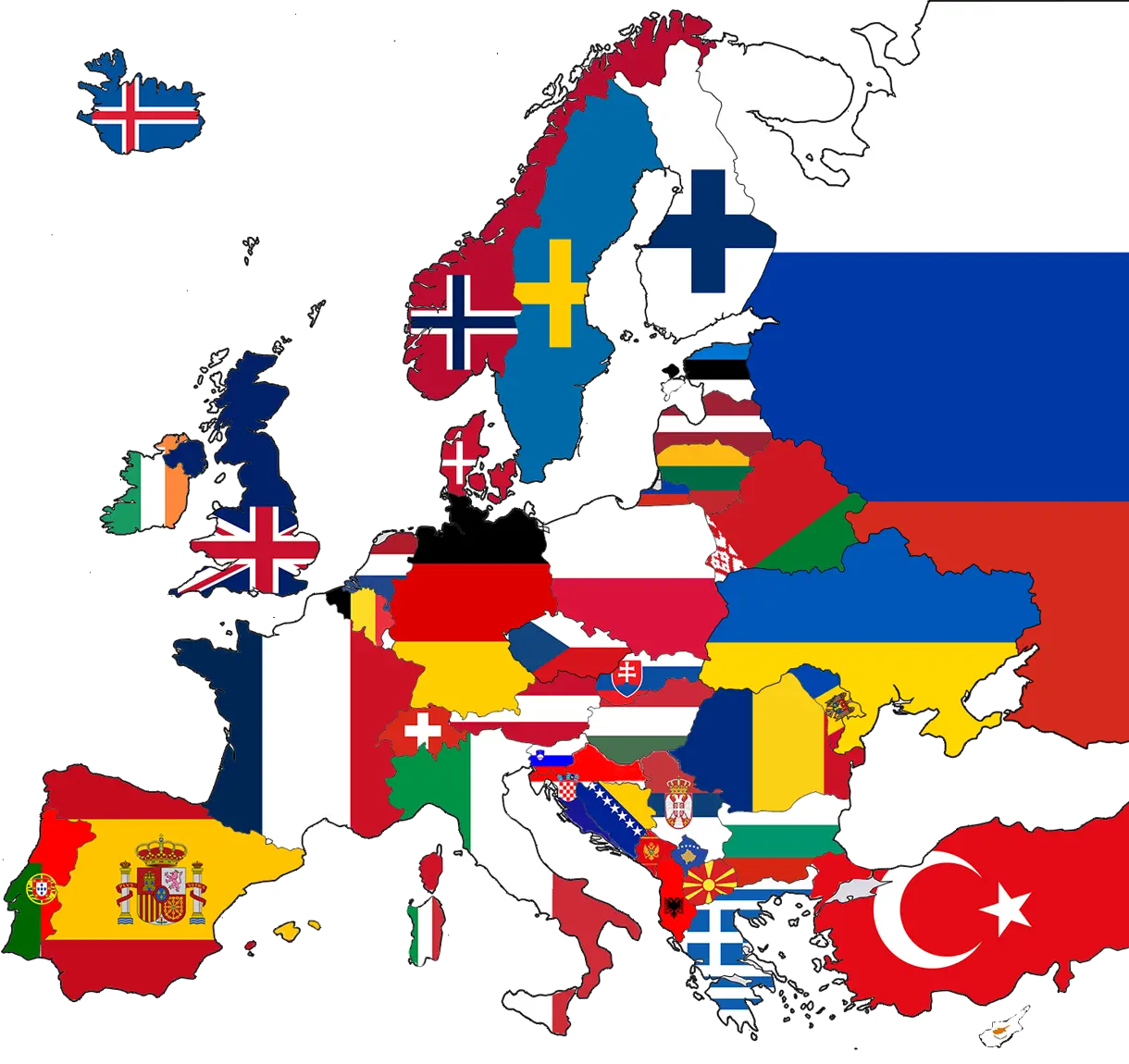 Flags of European countries on the world map