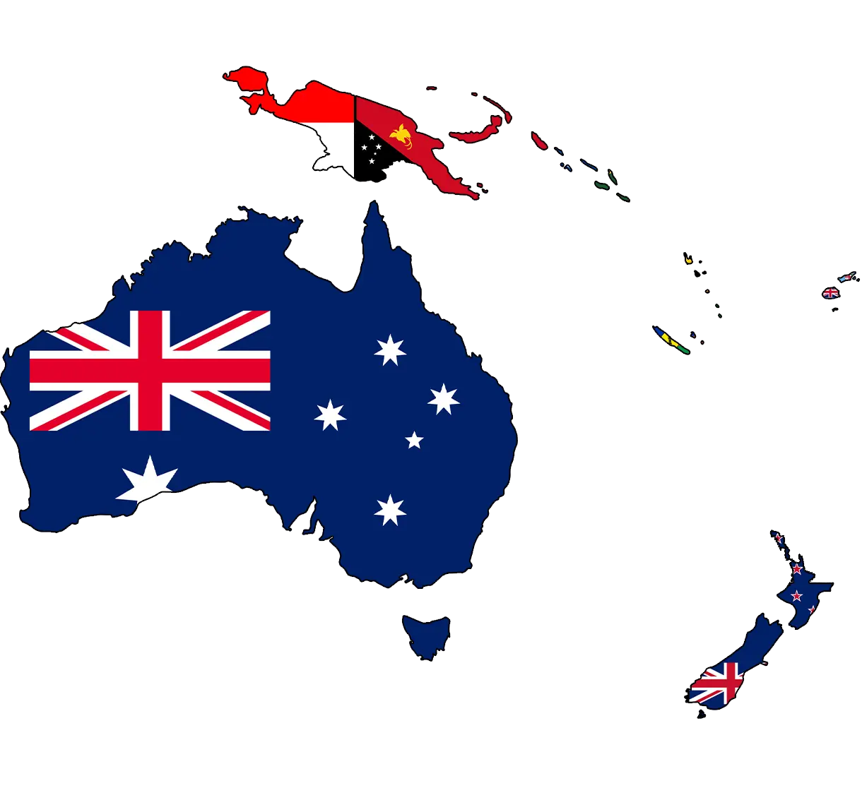 Flags of Oceania countries on the world map